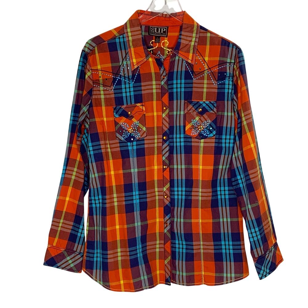 Cowgirl Up Plaid Embroidered Pearl Snap Shirt XL Western Rodeo Red Blue